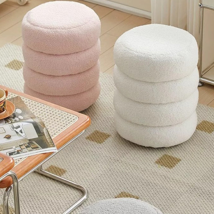 Contemporary Nordic Lambswool Wood Round Low Stool Multi-Tier For Living Room And Bedroom