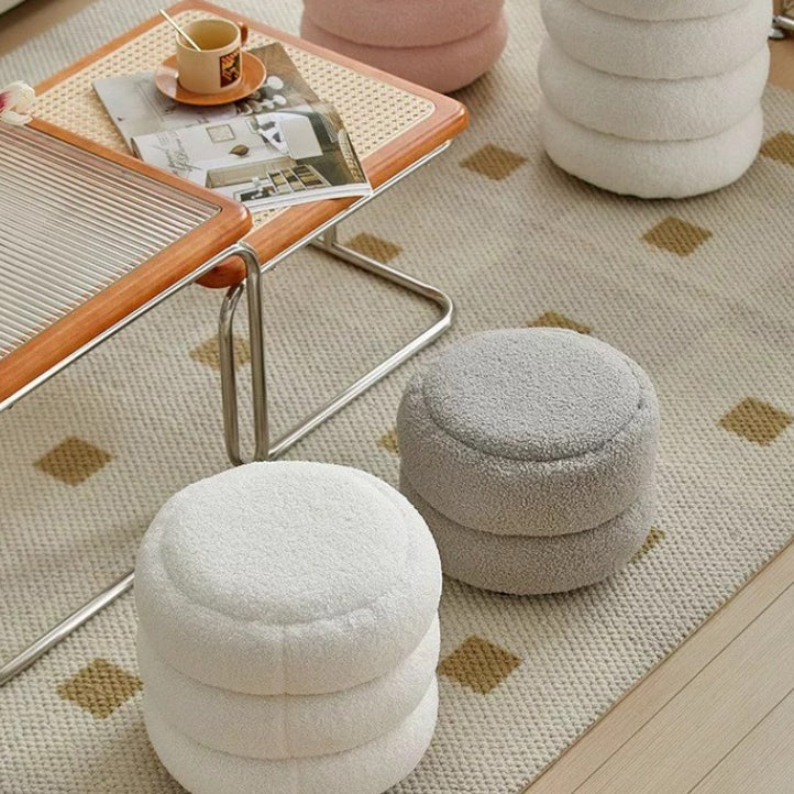 Contemporary Nordic Lambswool Wood Round Low Stool Multi-Tier For Living Room And Bedroom