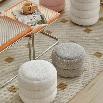 Contemporary Nordic Lambswool Wood Round Low Stool Multi-Tier For Living Room And Bedroom