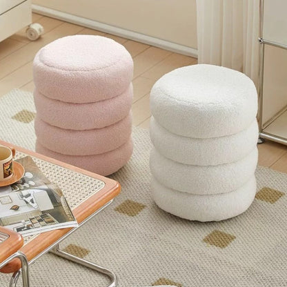 Contemporary Nordic Lambswool Wood Round Low Stool Multi-Tier For Living Room And Bedroom