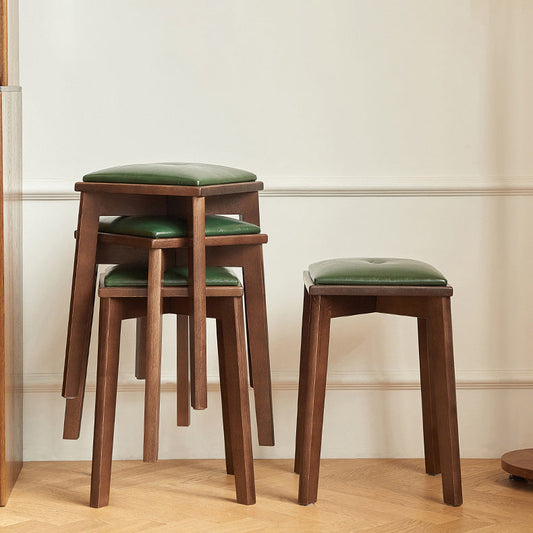 Contemporary Retro Microfiber Leather Rubber Wood Square Vanity Stool With Stackable Design For Bedroom And Dining Room