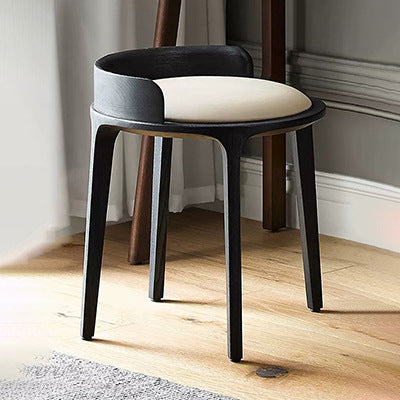 Contemporary Retro Ash Oak Wood Leather Round Vanity Stool With Backrest For Bedroom