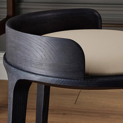 Contemporary Retro Ash Oak Wood Leather Round Vanity Stool With Backrest For Bedroom