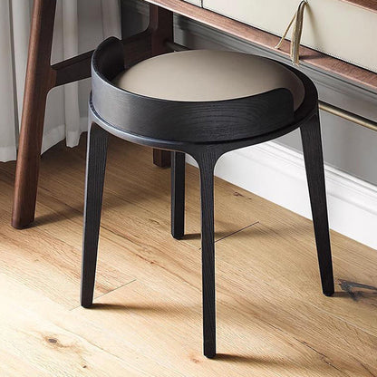 Contemporary Retro Ash Oak Wood Leather Round Vanity Stool With Backrest For Bedroom
