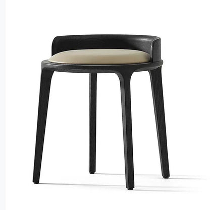 Contemporary Retro Ash Oak Wood Leather Round Vanity Stool With Backrest For Bedroom