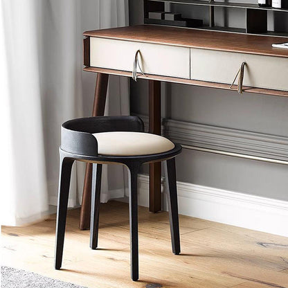 Contemporary Retro Ash Oak Wood Leather Round Vanity Stool With Backrest For Bedroom