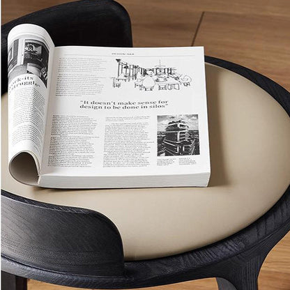Contemporary Retro Ash Oak Wood Leather Round Vanity Stool With Backrest For Bedroom