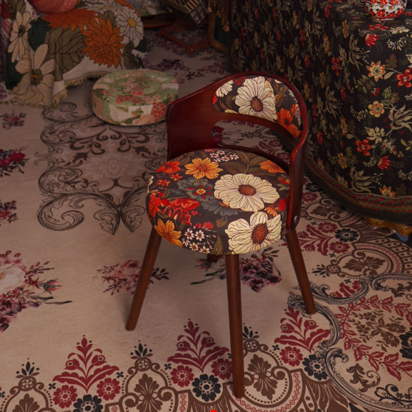 Traditional French Beech Wood And Fabric Round Patterned Swivel Vanity Stool With Backrest Armrest For Bedroom