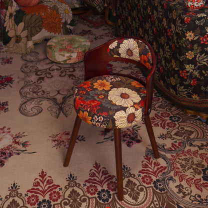 Traditional French Beech Wood And Fabric Round Patterned Swivel Vanity Stool With Backrest Armrest For Bedroom