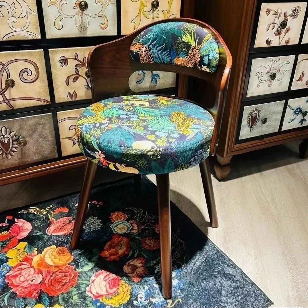 Traditional French Beech Wood And Fabric Round Patterned Swivel Vanity Stool With Backrest Armrest For Bedroom