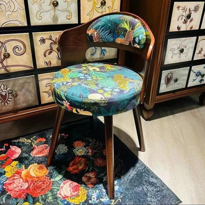 Traditional French Beech Wood And Fabric Round Patterned Swivel Vanity Stool With Backrest Armrest For Bedroom