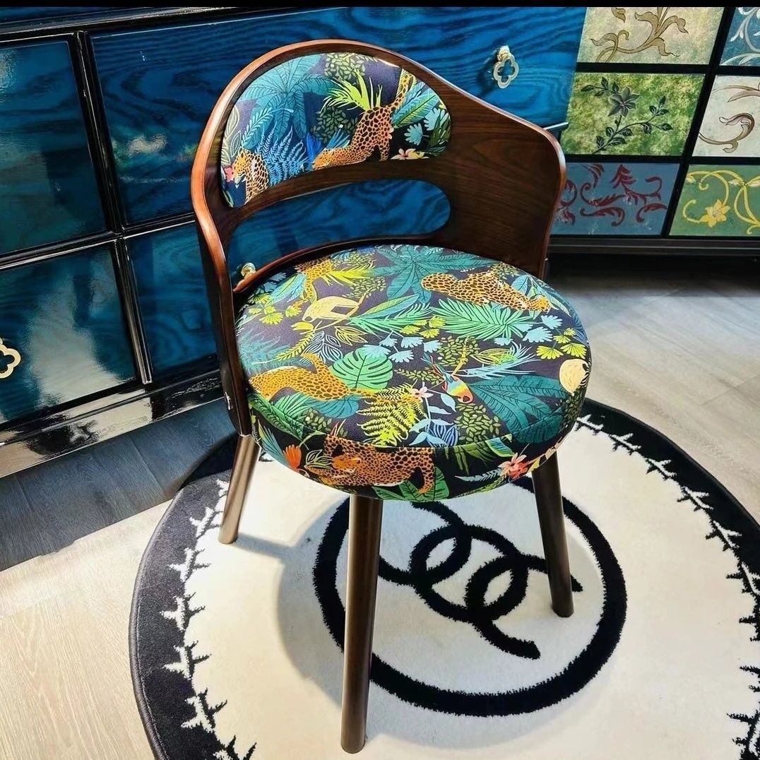 Traditional French Beech Wood And Fabric Round Patterned Swivel Vanity Stool With Backrest Armrest For Bedroom