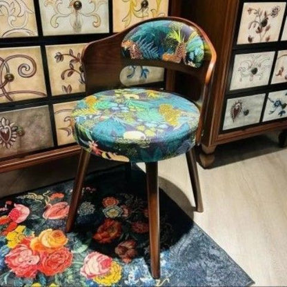 Traditional French Beech Wood And Fabric Round Patterned Swivel Vanity Stool With Backrest Armrest For Bedroom