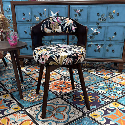 Traditional French Beech Wood And Fabric Round Patterned Swivel Vanity Stool With Backrest Armrest For Bedroom