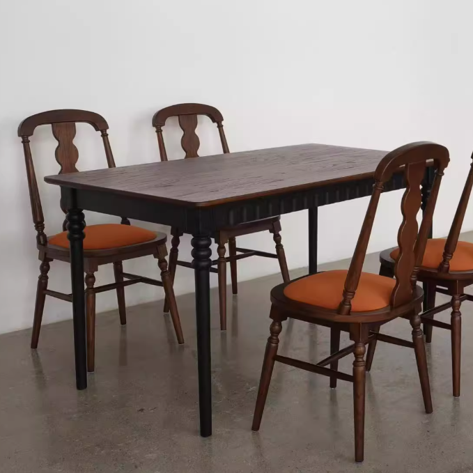 Traditional French Rubber Wood Fabric Leather Square Beaded Back Dining Chair With Backrest For Dining Room