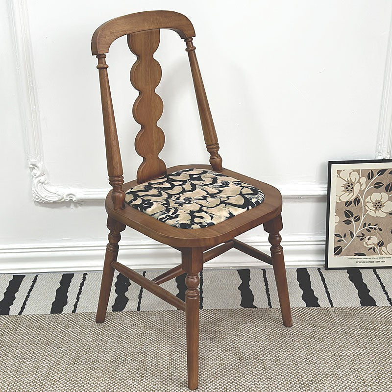 Traditional French Rubber Wood Fabric Leather Square Beaded Back Dining Chair With Backrest For Dining Room