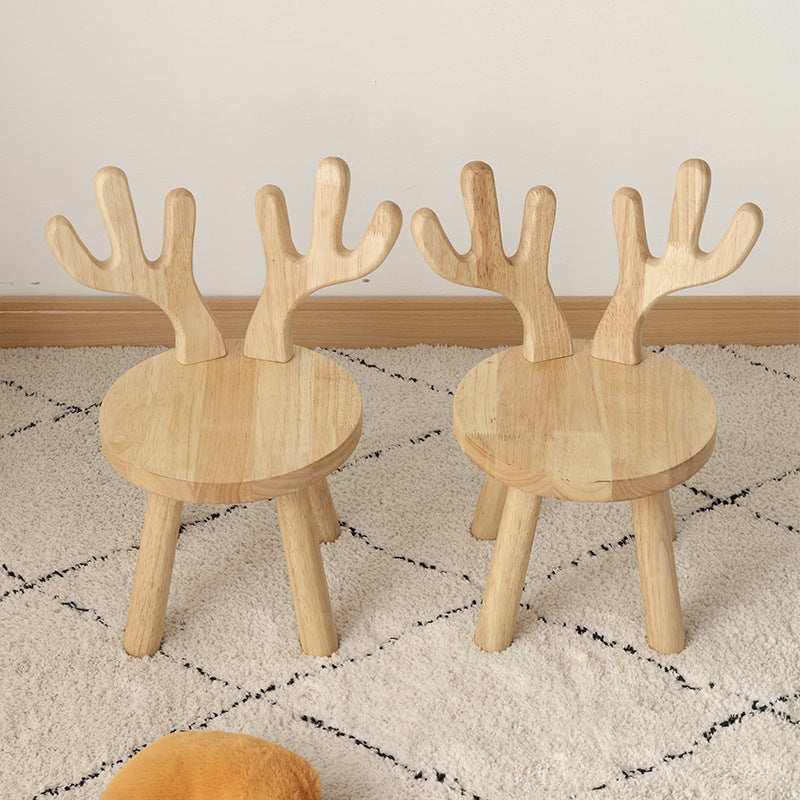 Contemporary Creative Solid Wood Antler Round Kids Low Stool With Backrest For Living Room And Entryway