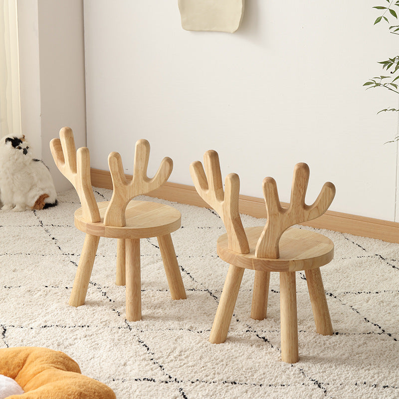 Contemporary Creative Solid Wood Antler Round Kids Low Stool With Backrest For Living Room And Entryway