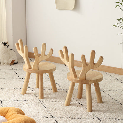 Contemporary Creative Solid Wood Antler Round Kids Low Stool With Backrest For Living Room And Entryway