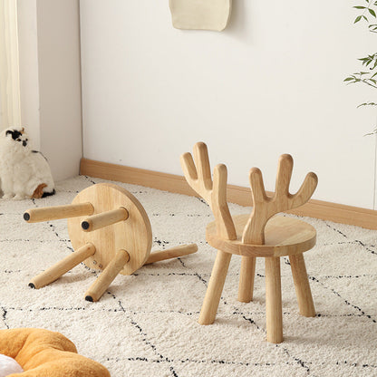 Contemporary Creative Solid Wood Antler Round Kids Low Stool With Backrest For Living Room And Entryway