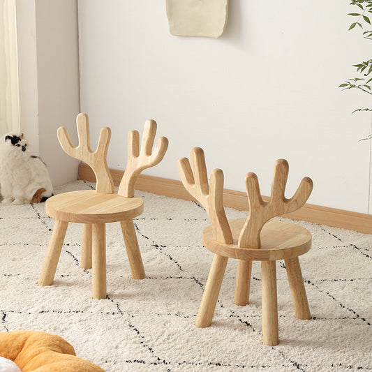 Contemporary Creative Solid Wood Antler Round Kids Low Stool With Backrest For Living Room And Entryway