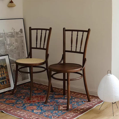 Contemporary Retro Beech Wood & Rattan Round Dining Chair With Backrest And Footrest For Dining Room