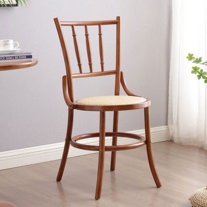Contemporary Retro Beech Wood & Rattan Round Dining Chair With Backrest And Footrest For Dining Room