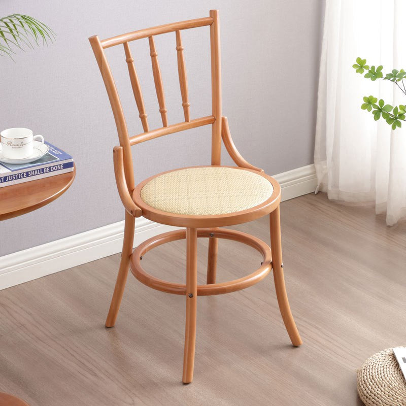 Contemporary Retro Beech Wood & Rattan Round Dining Chair With Backrest And Footrest For Dining Room