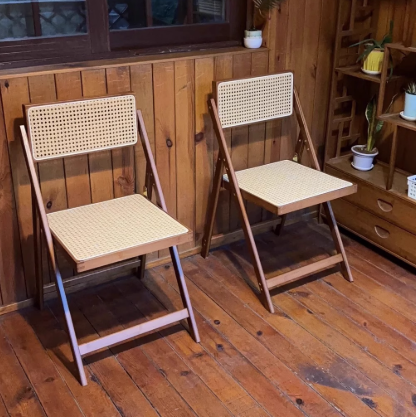 Traditional Japanese Bamboo & Resin Square Foldable Weaving Dining Chair With Backrest And Footrest For Kitchen Or Dining Room