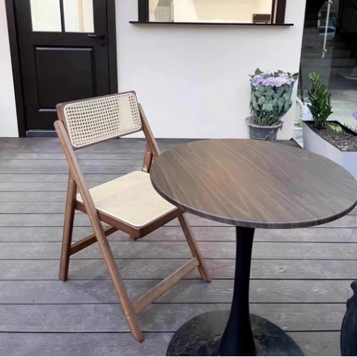 Traditional Japanese Bamboo & Resin Square Foldable Weaving Dining Chair With Backrest And Footrest For Kitchen Or Dining Room