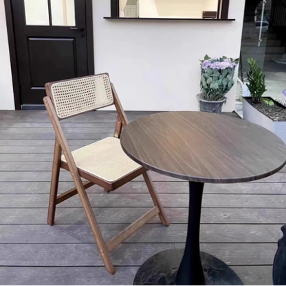 Traditional Japanese Bamboo & Resin Square Foldable Weaving Dining Chair With Backrest And Footrest For Kitchen Or Dining Room