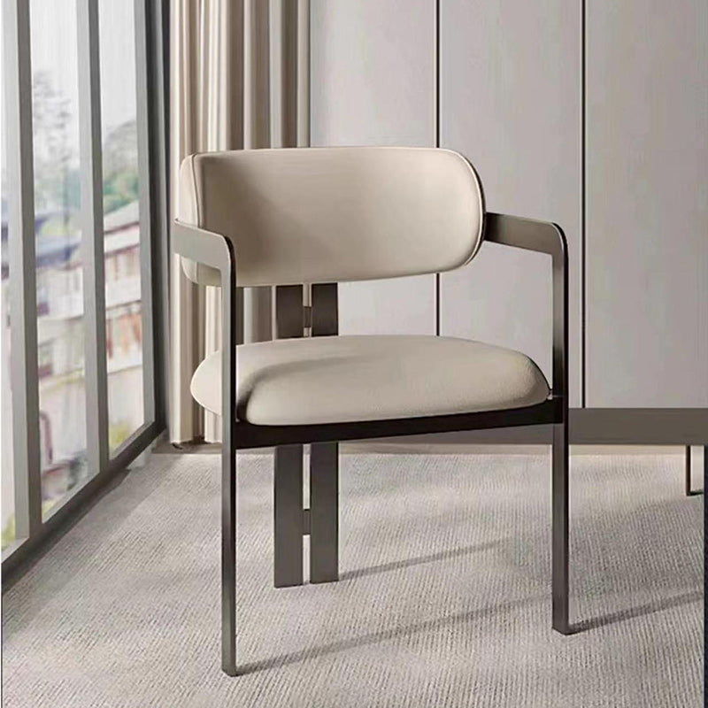 Contemporary Nordic Square Upholstered Stainless Steel Frame Microfiber Leather Dining Chair Curved Backrest Armrest for Dining Room