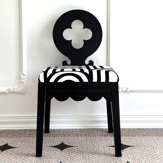 Traditional French Round Clover Backrest Square Upholstered Fabric Wood Vanity Stool For Bedroom