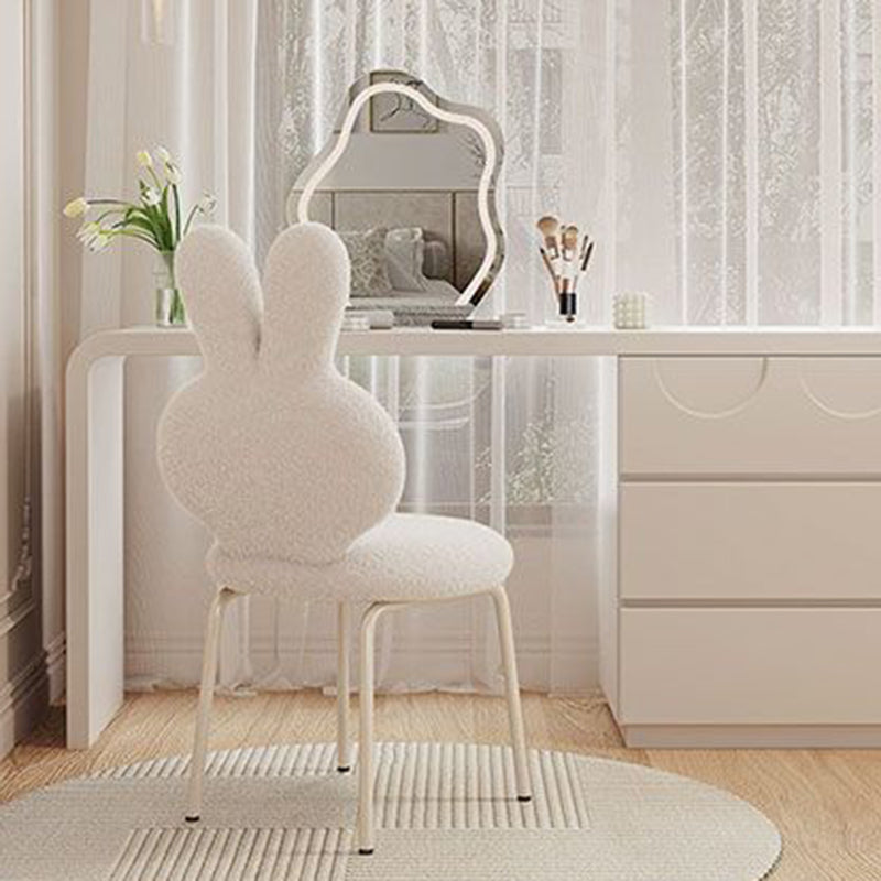 Contemporary Creative Round Upholstered Bunny Shape Backrest Lambswool Plank Iron Vanity Stool For Bedroom