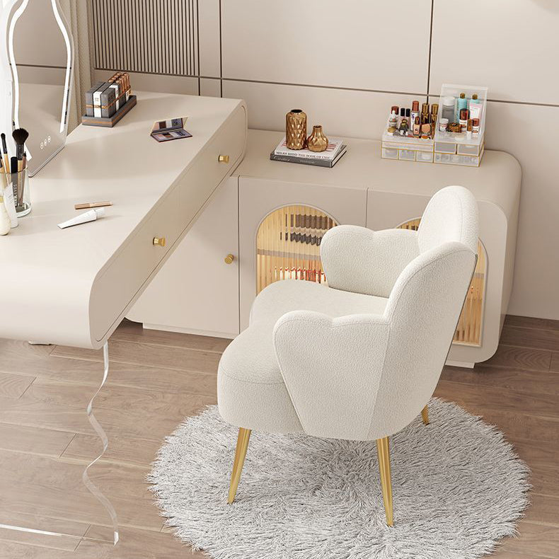 Contemporary Creative Cream Lambswool Upholstered Metal Vanity Stool Backrest Armrest For Bedroom