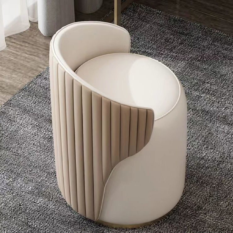 Modern Minimalist Cylindrical Striped Microfiber Leather Solid Wood Frame Metal Base Vanity Stool For Bedroom