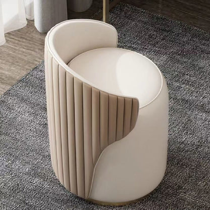 Modern Minimalist Cylindrical Striped Microfiber Leather Solid Wood Frame Metal Base Vanity Stool For Bedroom