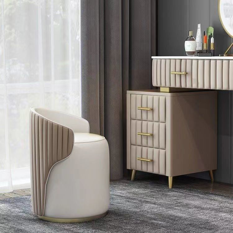Modern Minimalist Cylindrical Striped Microfiber Leather Solid Wood Frame Metal Base Vanity Stool For Bedroom