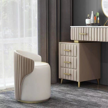 Modern Minimalist Cylindrical Striped Microfiber Leather Solid Wood Frame Metal Base Vanity Stool For Bedroom