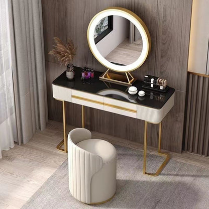 Modern Minimalist Cylindrical Striped Microfiber Leather Solid Wood Frame Metal Base Vanity Stool For Bedroom