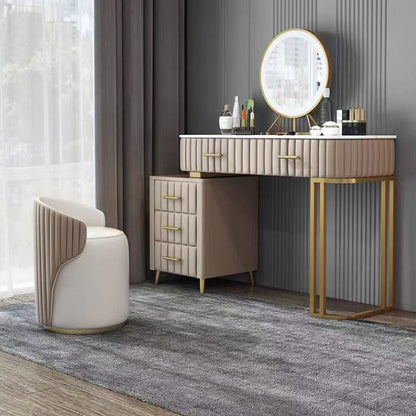 Modern Minimalist Cylindrical Striped Microfiber Leather Solid Wood Frame Metal Base Vanity Stool For Bedroom