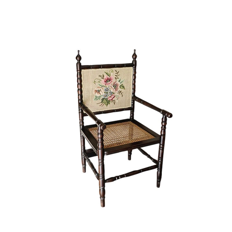 Traditional Vintage Solid Wood Rattan Square Dining Chair Backrest Armrest For Dining Room