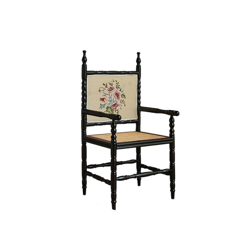 Traditional Vintage Solid Wood Rattan Square Dining Chair Backrest Armrest For Dining Room