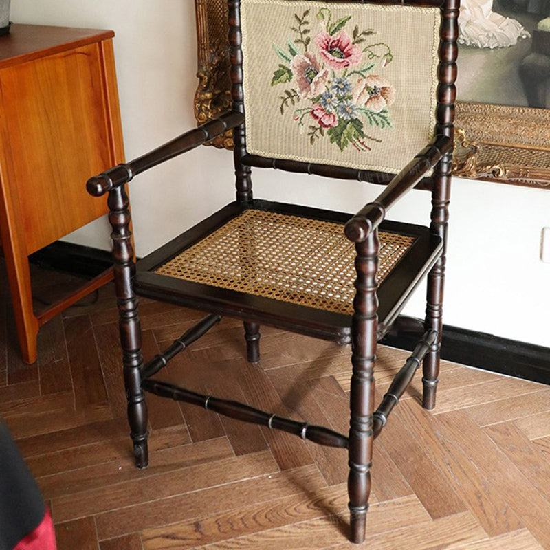 Traditional Vintage Solid Wood Rattan Square Dining Chair Backrest Armrest For Dining Room