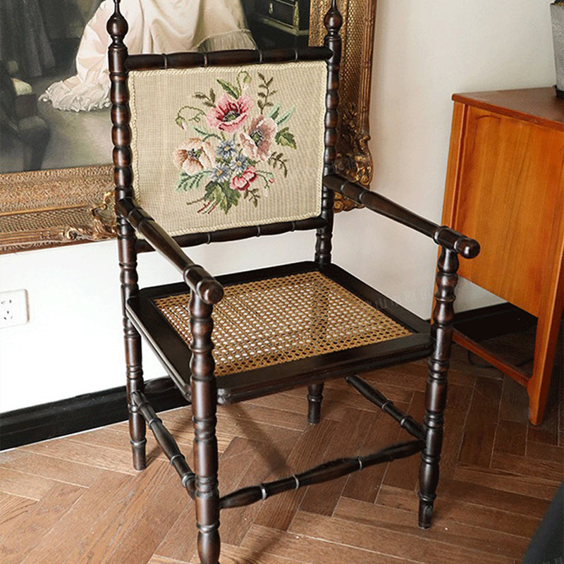 Traditional Vintage Solid Wood Rattan Square Dining Chair Backrest Armrest For Dining Room