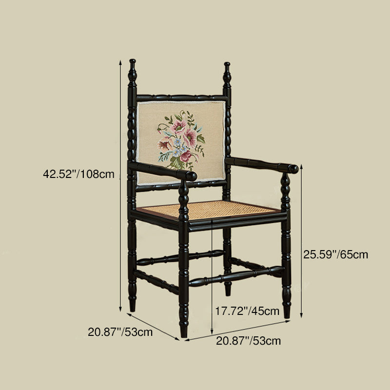 Traditional Vintage Solid Wood Rattan Square Dining Chair Backrest Armrest For Dining Room
