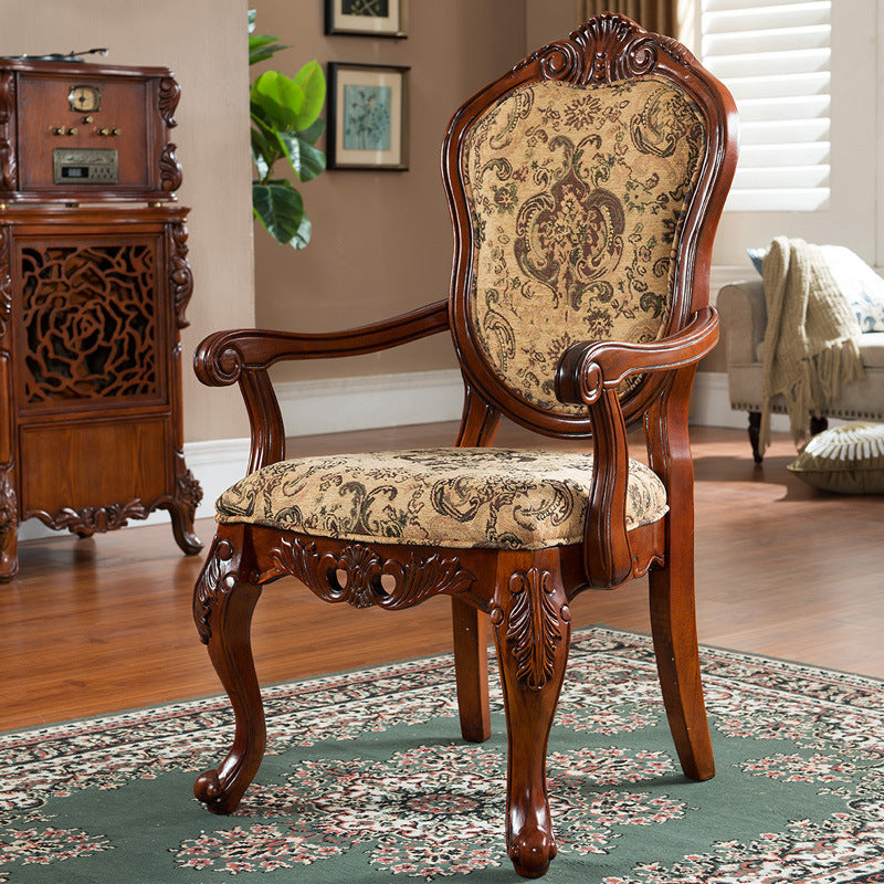Traditional Vintage Solid Wood Chenille Fabric Sponge Dining Chair Backrest Armrest For Dining Room