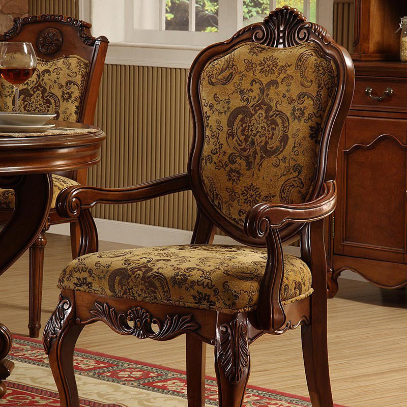 Traditional Vintage Solid Wood Chenille Fabric Sponge Dining Chair Backrest Armrest For Dining Room