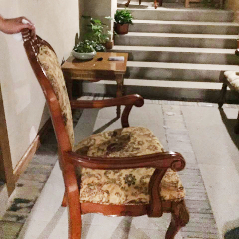 Traditional Vintage Solid Wood Chenille Fabric Sponge Dining Chair Backrest Armrest For Dining Room