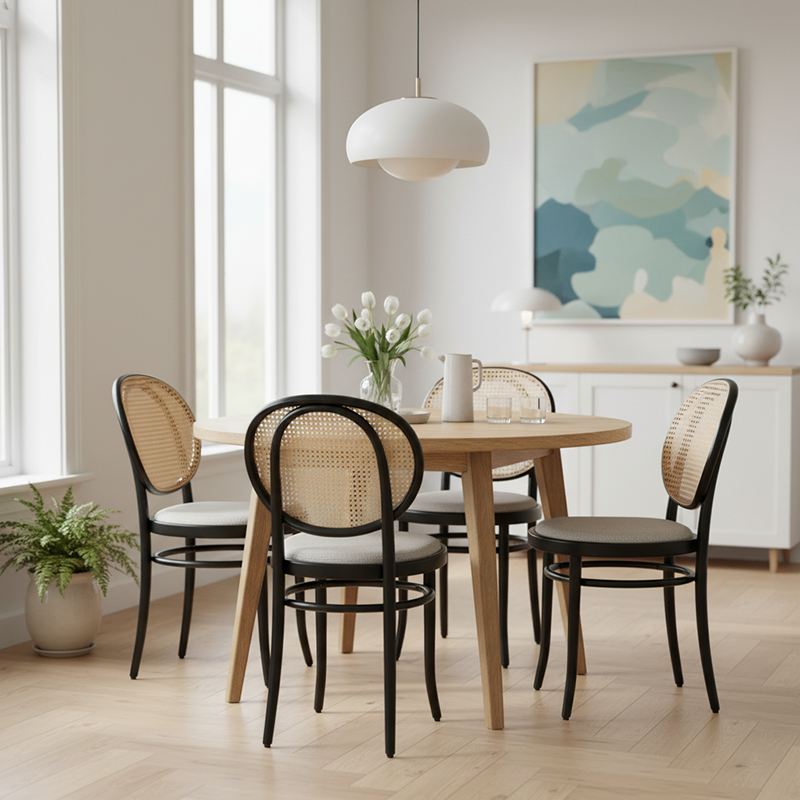 Modern Minimalist Solid Wood Natural Rattan Cotton-Linen Blend Sponge Dining Chair Backrest For Dining Room